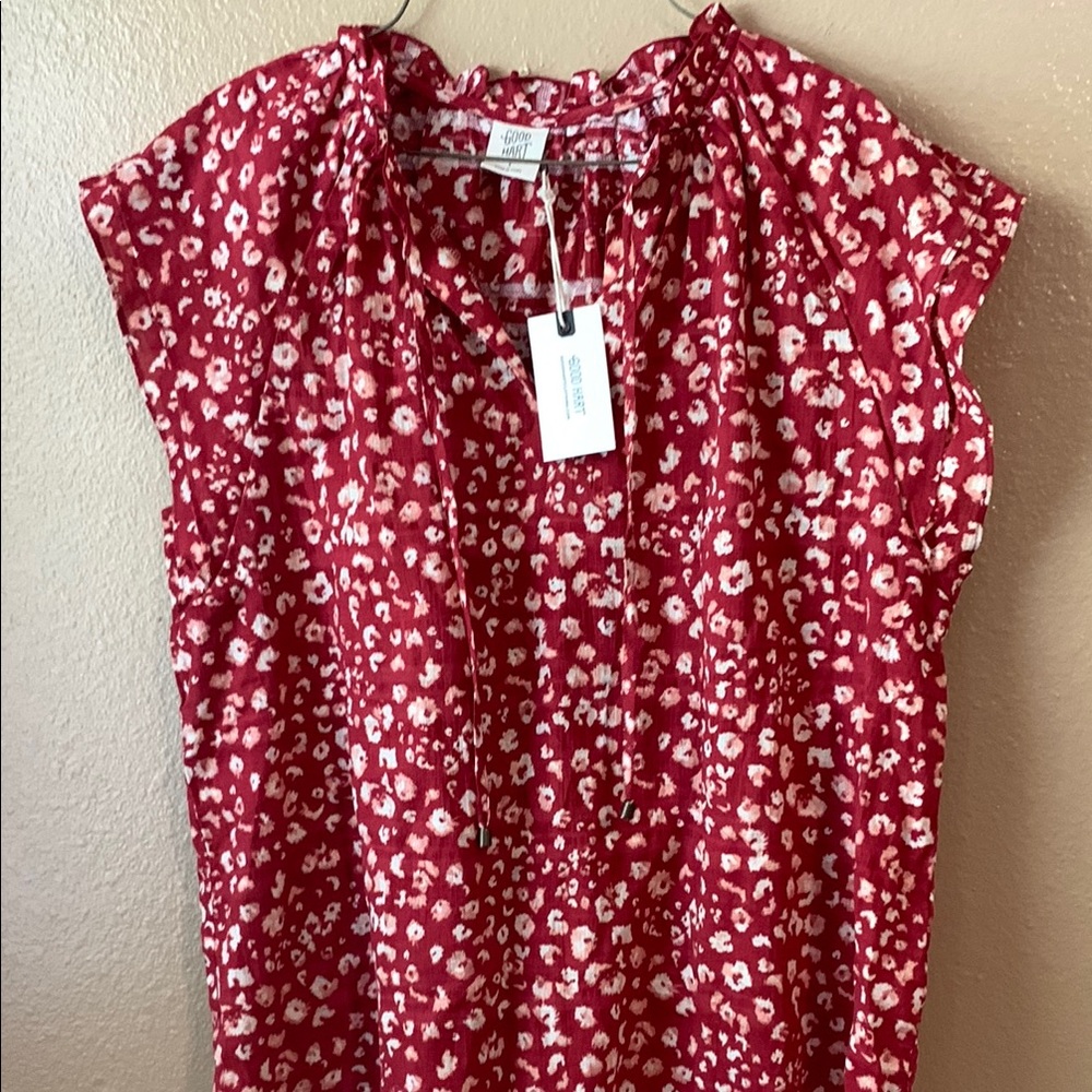 Red and White Flutter Sleeve Ruffled Blouse
